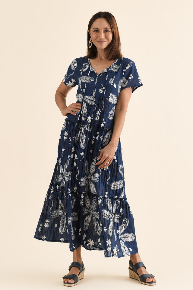 Nona Navy Flower Crinkle Cotton Maxi Dress,Full Body,Brunette model,alt text|model:Cara image 6