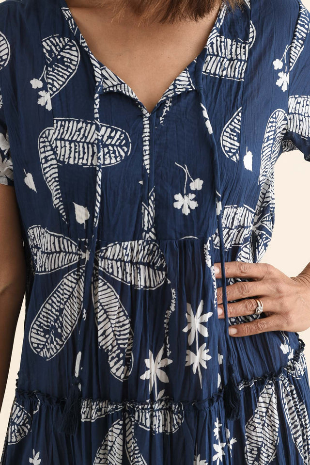 Nona Navy Flower Crinkle Cotton Maxi Dress,Detail,Brunette model,alt text|model:Cara image 5