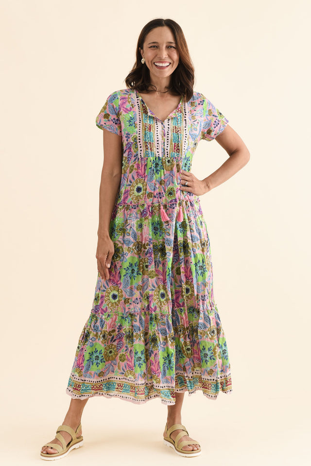Nona Pink Floral Crinkle Cotton Maxi Dress,Full Body,Brunette model,alt text|model:Cara
