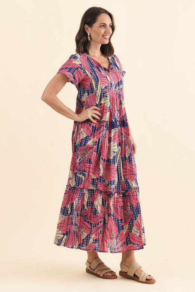 Nona Pink Lily Crinkle Cotton Maxi Dress,Brunette model,alt text|model:MJ image 5