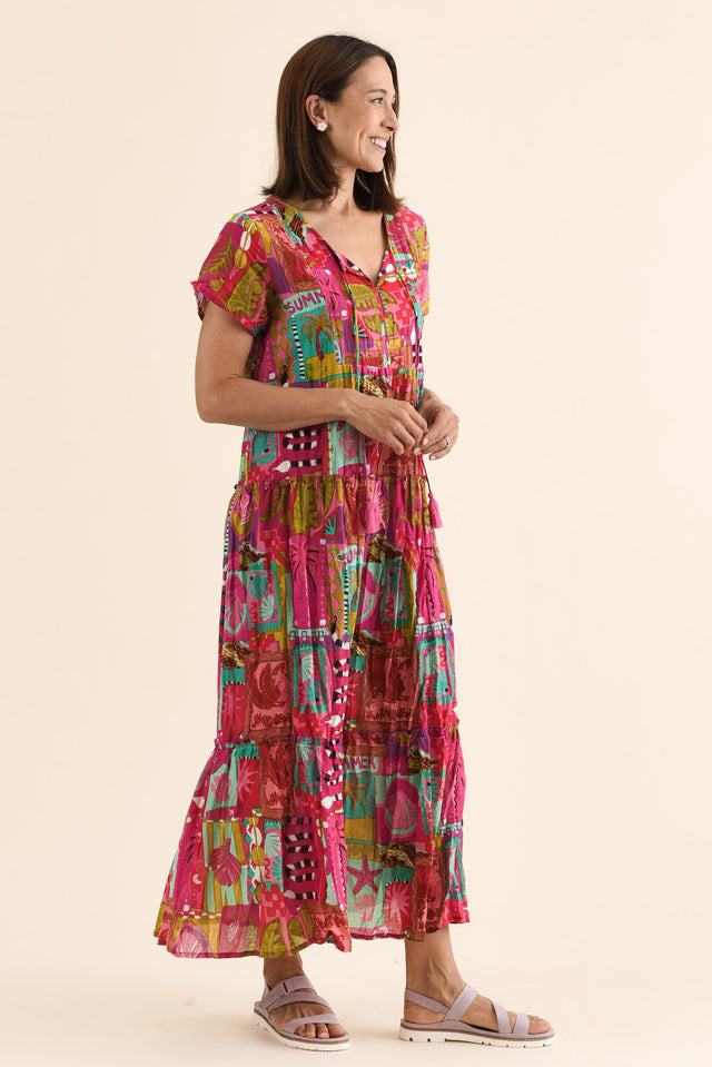 Nona Pink Tile Crinkle Cotton Maxi Dress,Side,Brunette model,alt text|model:Cara image 3
