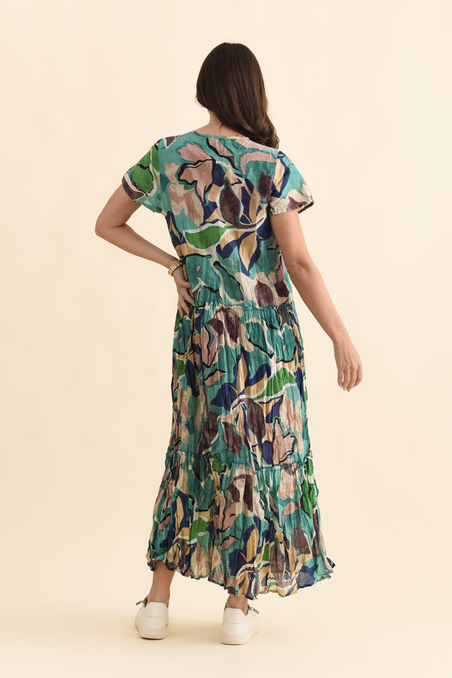 Nona Teal Foliage Crinkle Cotton Maxi Dress,Brunette model,alt text|model:MJ image 6
