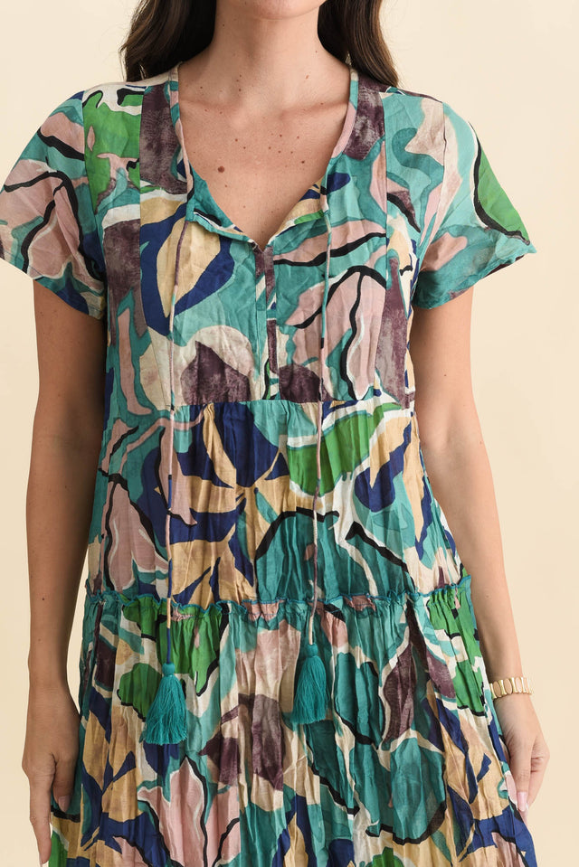 Nona Teal Foliage Crinkle Cotton Maxi Dress,Brunette model,alt text|model:MJ image 7