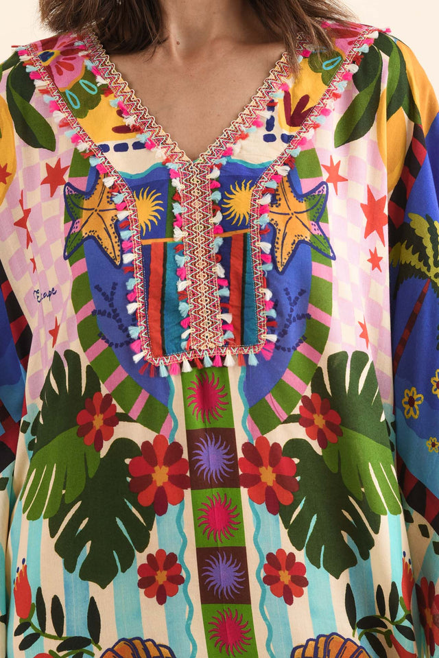 Normie Blue Seaside Kaftan,Detail,Brunette model,alt text|model:Cara image 5
