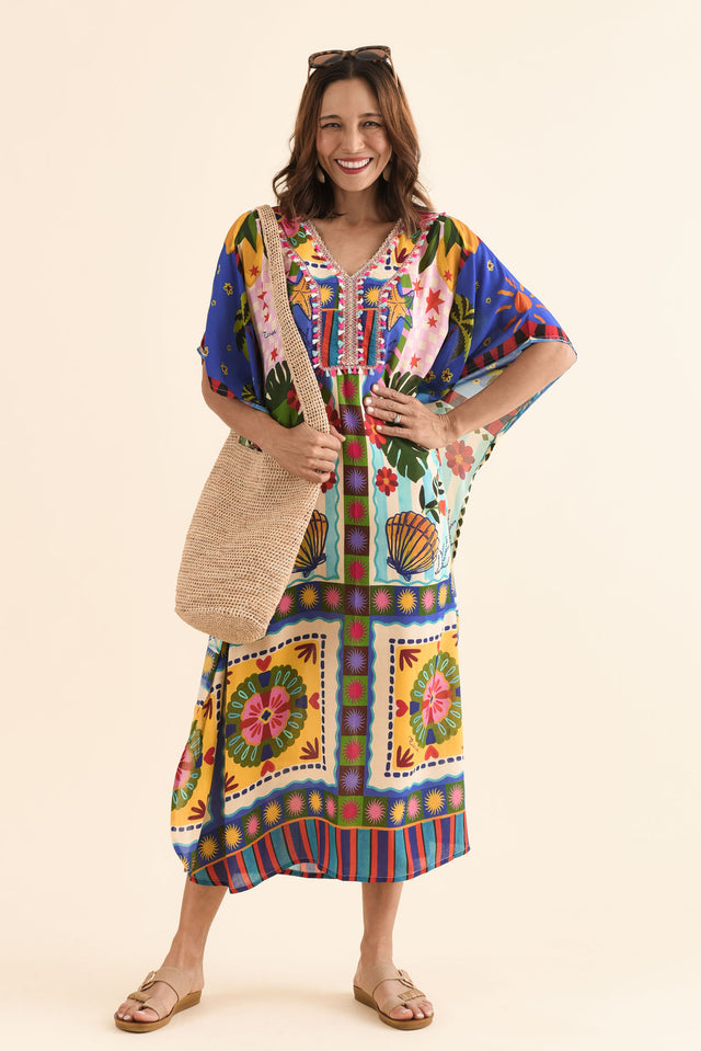 Normie Blue Seaside Kaftan,Front,Brunette model,alt text|model:Cara image 1