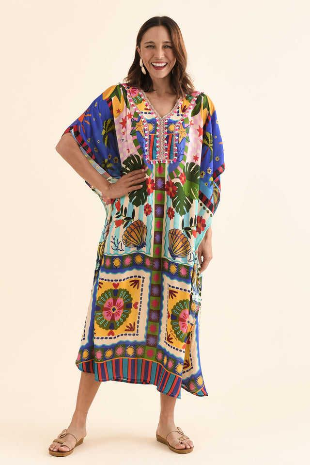 Normie Blue Seaside Kaftan,Full Body,Brunette model,alt text|model:Cara image 2
