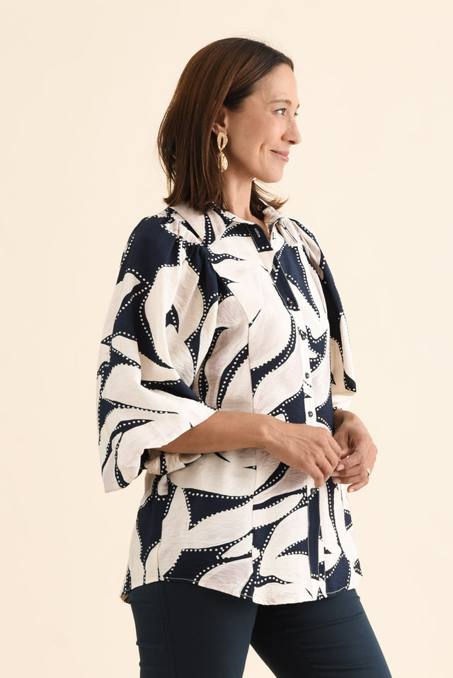 Nova Navy Floral Collared Shirt,brunette model,Side of Outfit,alt text|model:Cara image 3