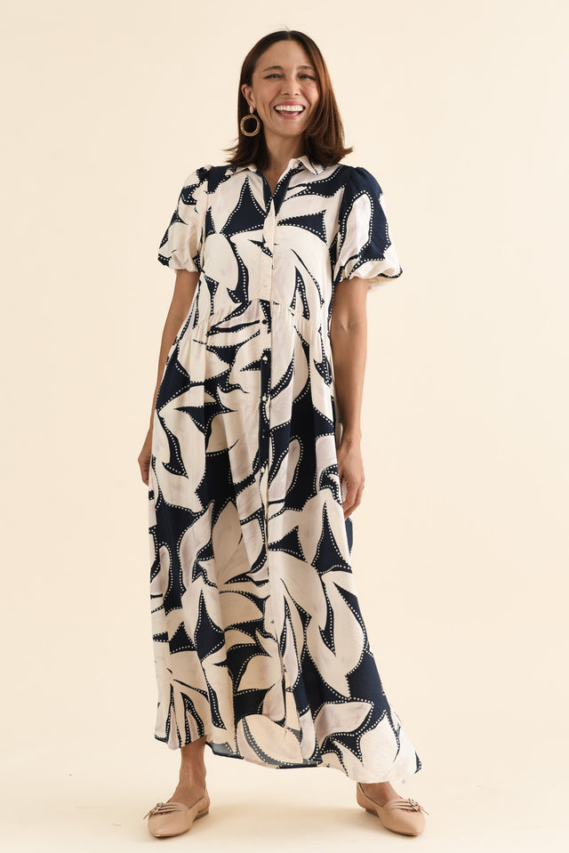 Nova Navy Floral Shirt Dress,brunette model,Front of Outfit,alt text|model:Cara image 1