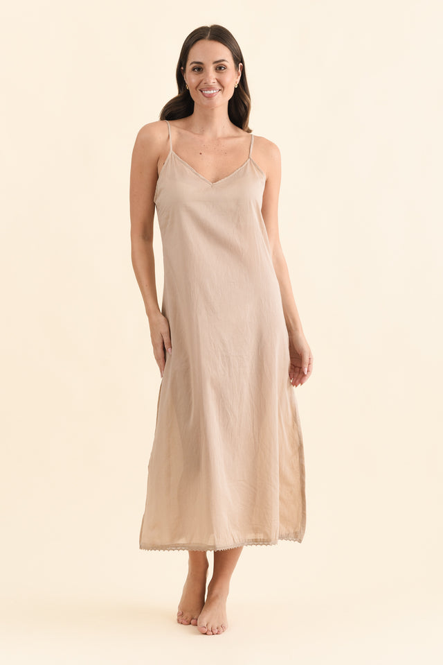 Nude Cotton Maxi Slip Dress,Brunette model,alt text|model:MJ image 6