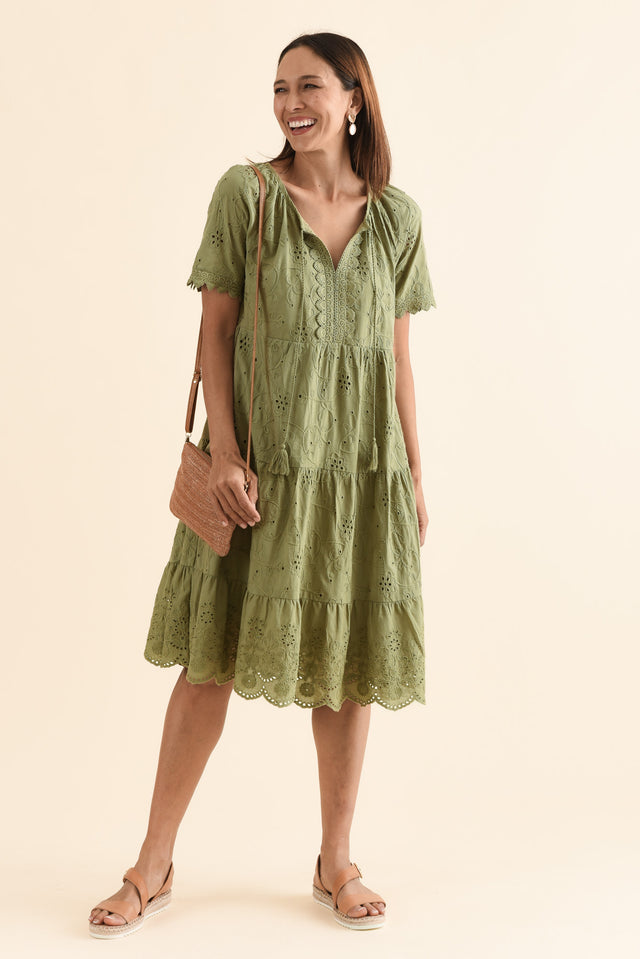 Oak Khaki Cotton Embroidered Dress,Front,Brunette model,alt text|model:Cara image 1