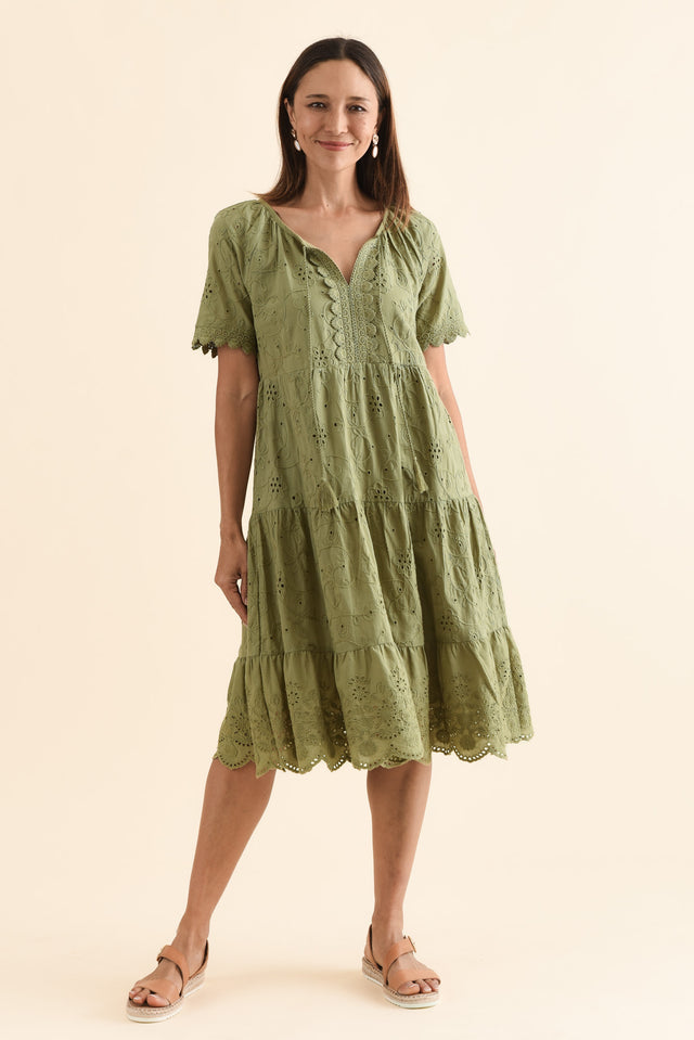 Oak Khaki Cotton Embroidered Dress,Full Body,Brunette model,alt text|model:Cara image 2
