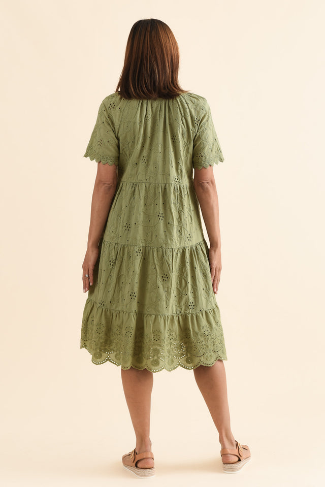 Oak Khaki Cotton Embroidered Dress,Back,Brunette model,alt text|model:Cara image 4