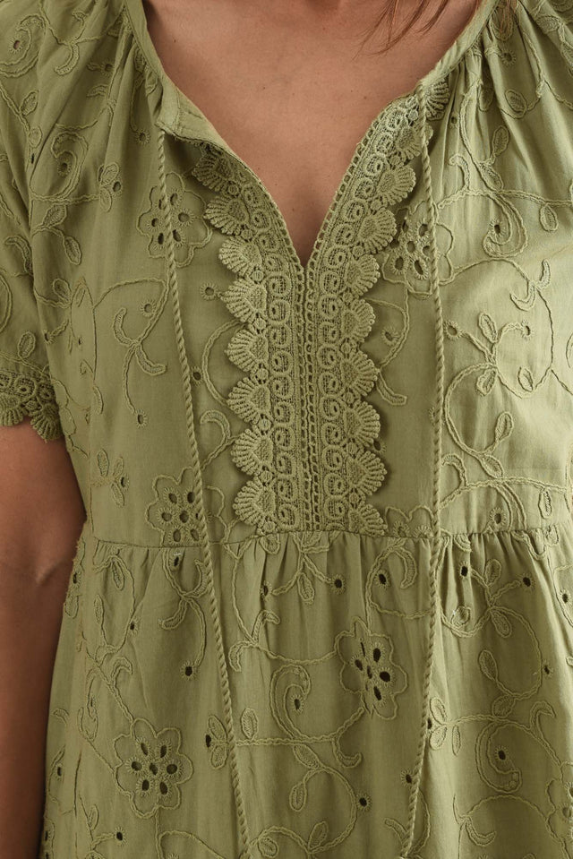 Oak Khaki Cotton Embroidered Dress,Detail,Brunette model,alt text|model:Cara image 5