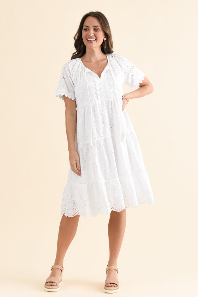 Oak White Cotton Embroidered Dress,Front,Brunette model,alt text|model:MJ image 1