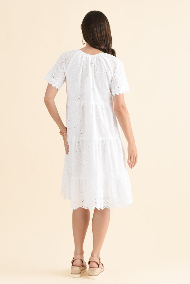 Oak White Cotton Embroidered Dress,Back,Brunette model,alt text|model:MJ image 4