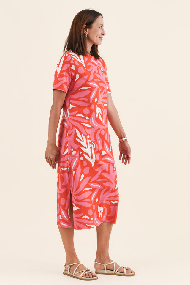 Oceana Orange Abstract Cotton Tee Dress,Side,Brunette model,alt text|model:Cara image 3