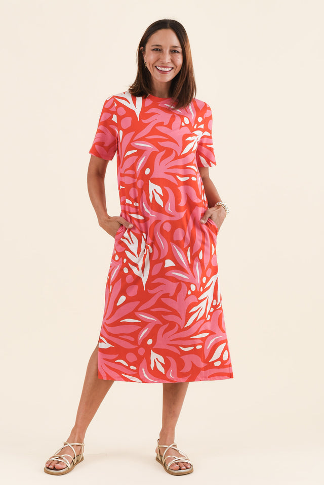 Oceana Orange Abstract Cotton Tee Dress,Full Body,Brunette model,alt text|model:Cara image 2