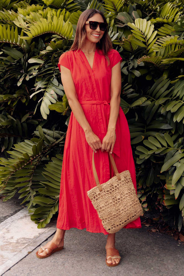 Octavia Red Crinkle Cotton Button Dress