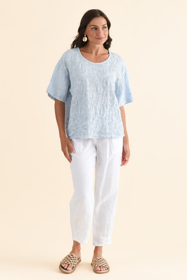 Odia Blue Abstract Linen Embroidered Top,Full Body,Brunette model,alt text|model:Brontie image 6