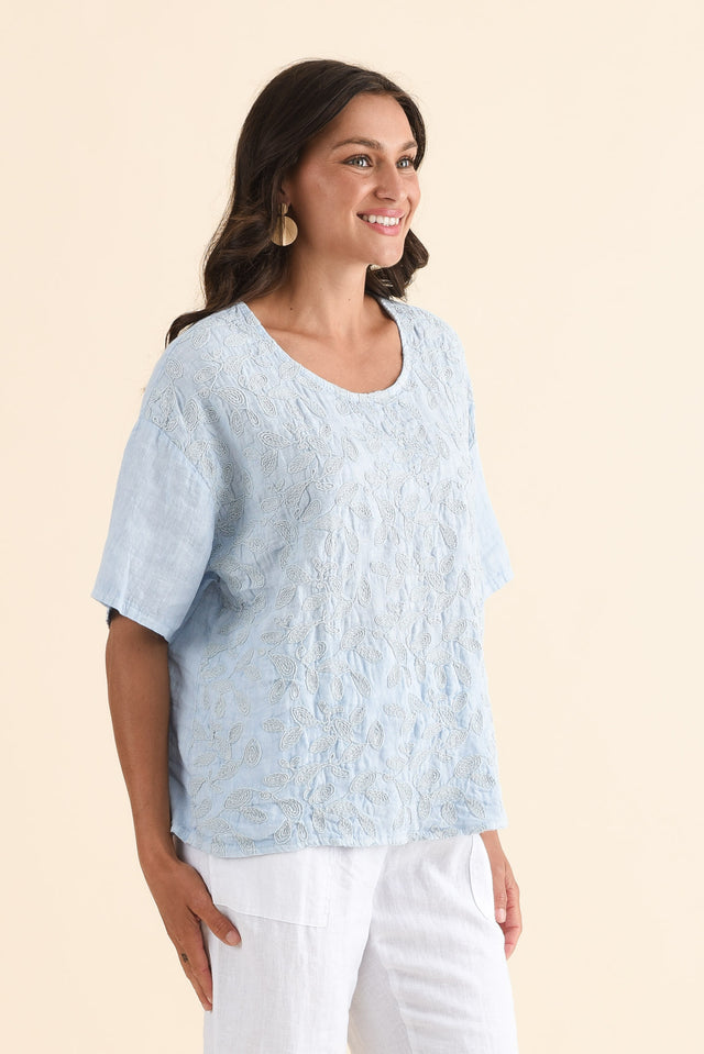Odia Blue Abstract Linen Embroidered Top,Side,Brunette model,alt text|model:Brontie image 3