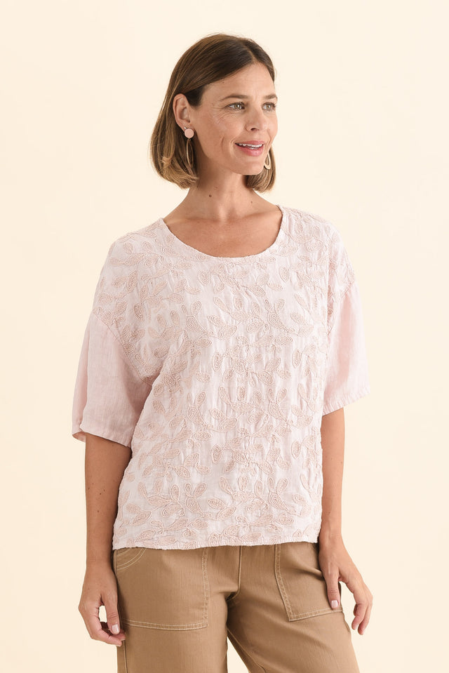Odia Pink Abstract Linen Embroidered Top,Side,Brunette model,alt text|model:Laura image 3