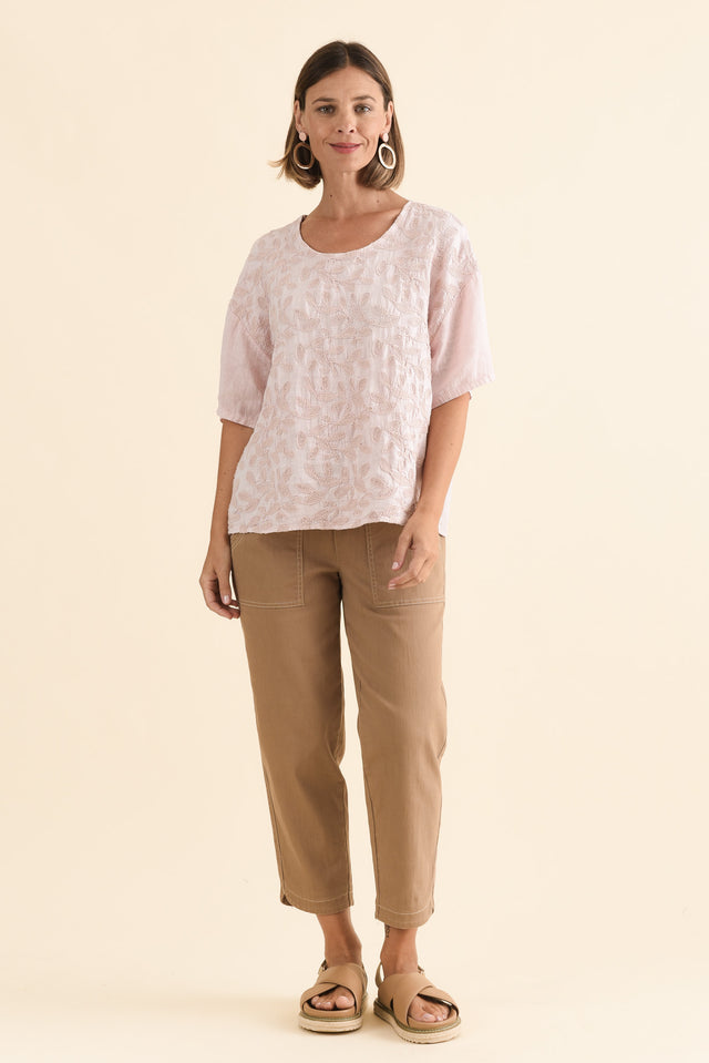 Odia Pink Abstract Linen Embroidered Top,Full Body,Brunette model,alt text|model:Laura