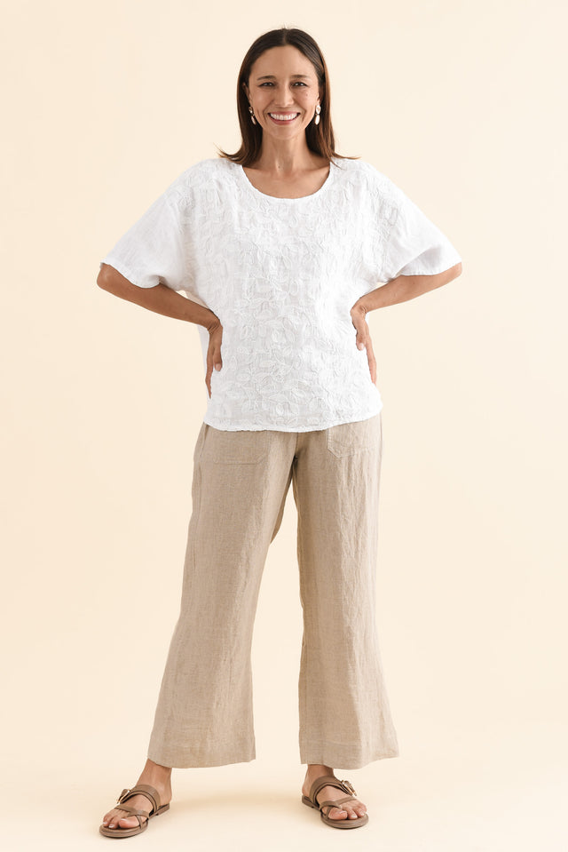 Odia White Abstract Linen Embroidered Top,Full Body,Brunette model,alt text|model:Cara image 2