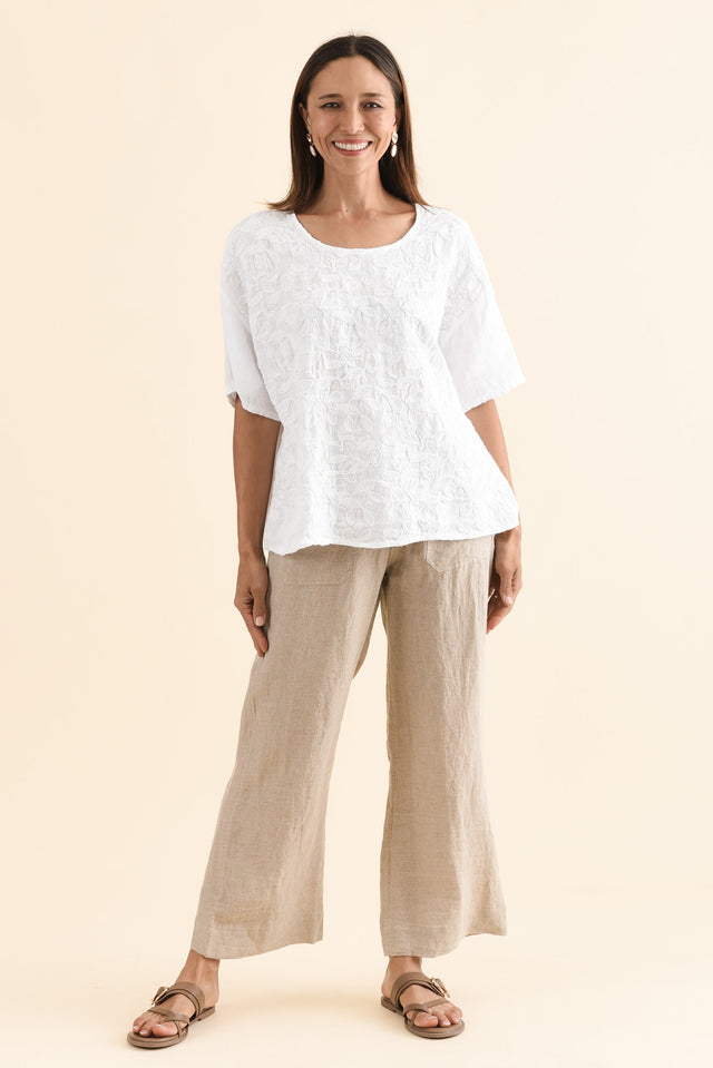 Odia White Abstract Linen Embroidered Top,Full Body,Brunette model,alt text|model:Cara image 6