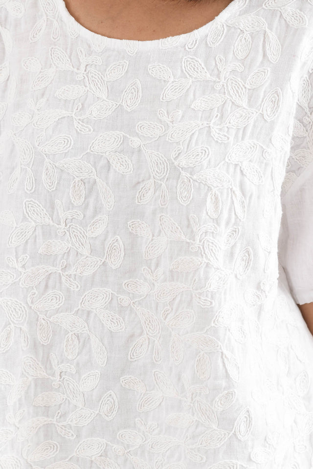 Odia White Abstract Linen Embroidered Top,Detail,Brunette model,alt text|model:Cara image 5