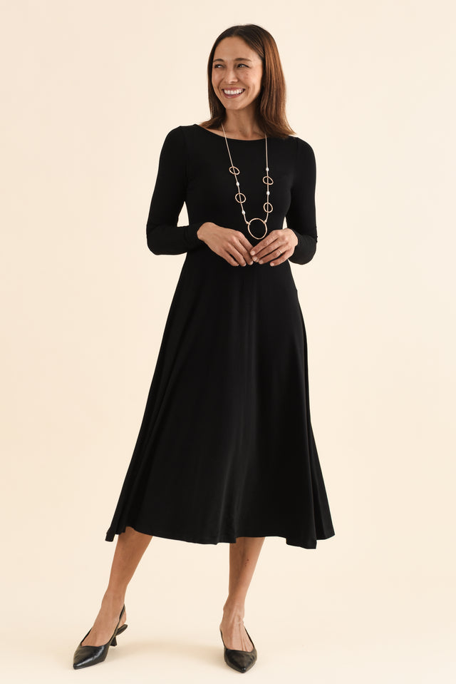 Olivia Black Bamboo Sleeved Dress,Full Body,Brunette model,alt text|model:Cara image 4