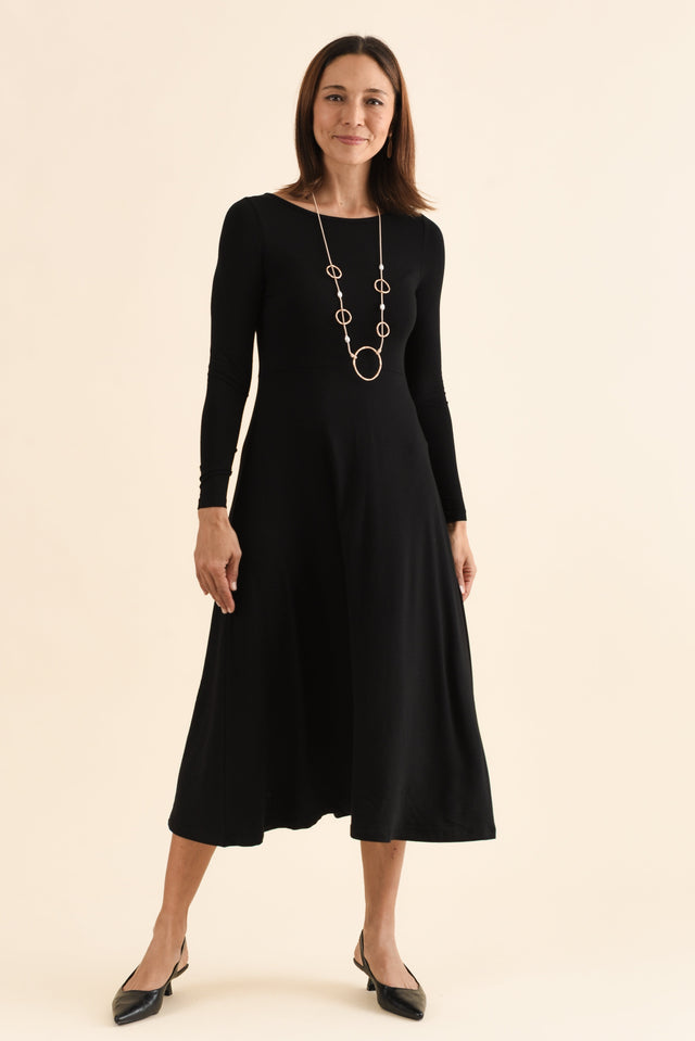 Olivia Black Bamboo Sleeved Dress,Front,Brunette model,alt text|model:Cara