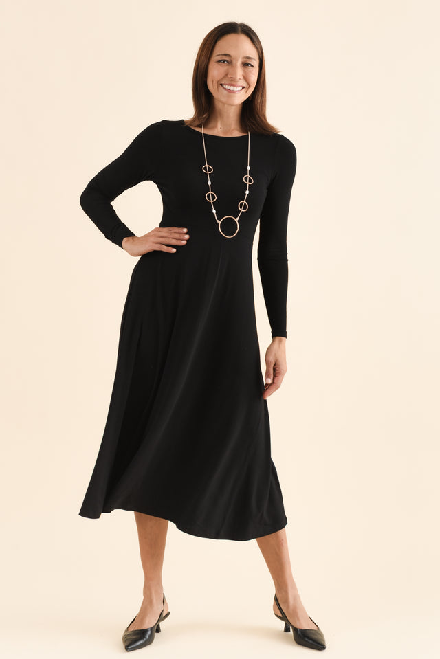 Olivia Black Bamboo Sleeved Dress,Full Body,Brunette model,alt text|model:Cara image 8