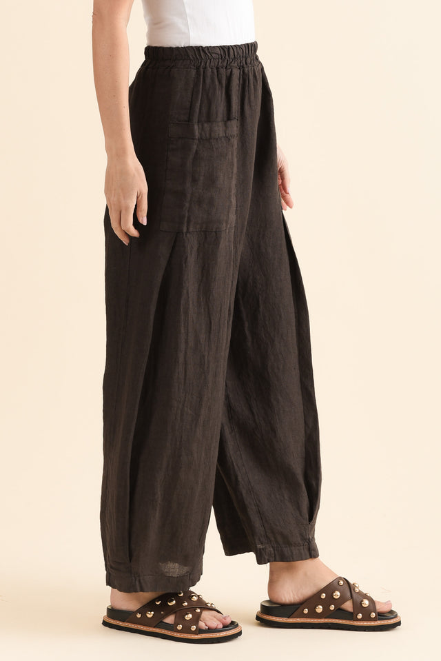 Ona Chocolate Linen Barrel Pants,Side,Brunette model,alt text|model:MJ image 3