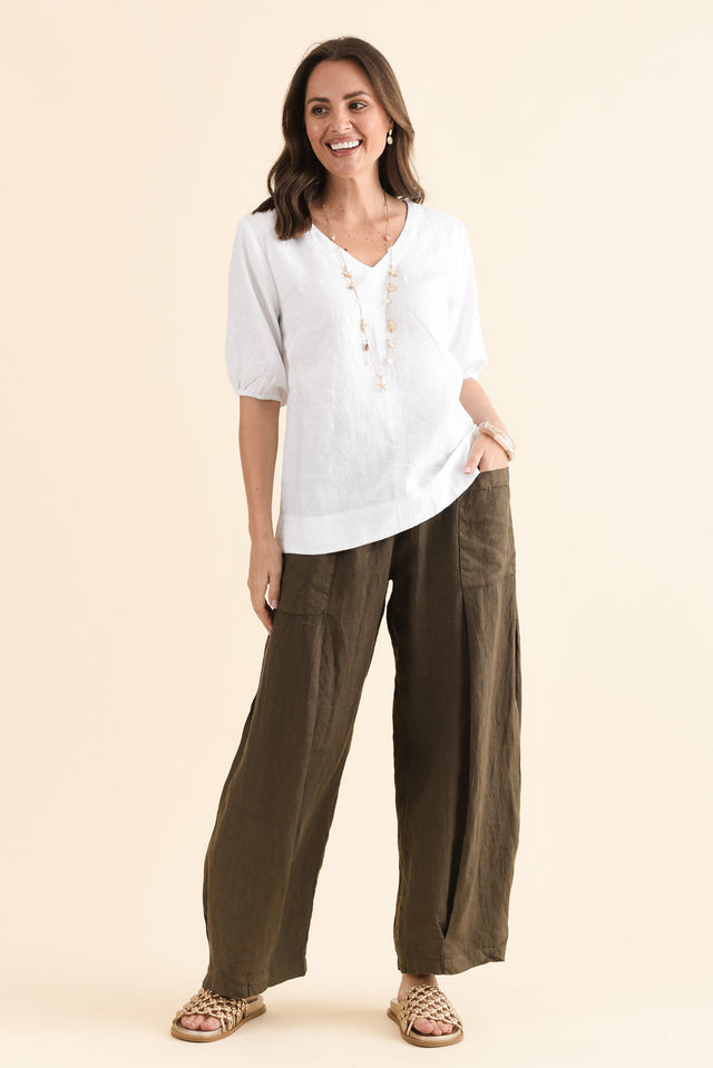 Ona Khaki Linen Barrel Pants,Full Body,Brunette model,alt text|model:MJ image 6
