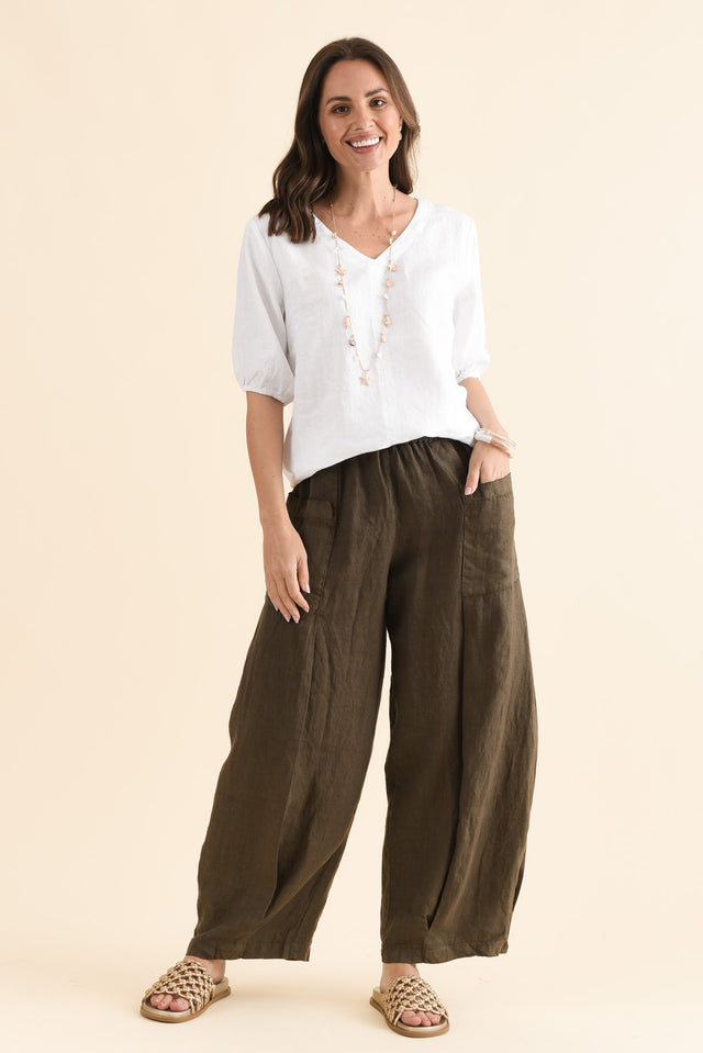 Ona Khaki Linen Barrel Pants,Full Body,Brunette model,alt text|model:MJ image 2