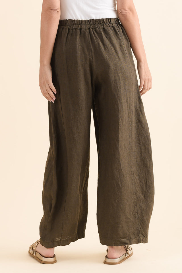 Ona Khaki Linen Barrel Pants,Back,Brunette model,alt text|model:MJ image 4