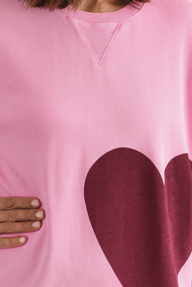 One Heart Pink Cotton Crewneck Sweatshirt,brunette model,Close up of outfit,alt text|model:Cara image 5