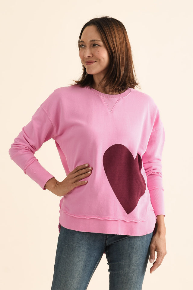 One Heart Pink Cotton Crewneck Sweatshirt,brunette model,Front of Outfit,alt text|model:Cara image 1