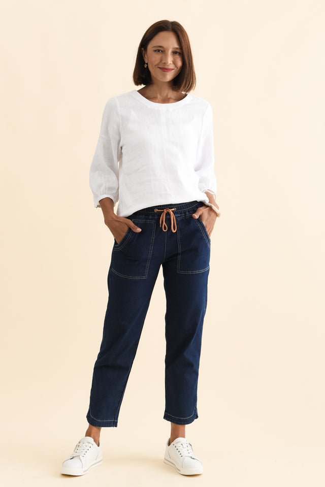 Orbe Indigo Denim Drawstring Jeans,Brunette model,alt text|model:Cara image 6