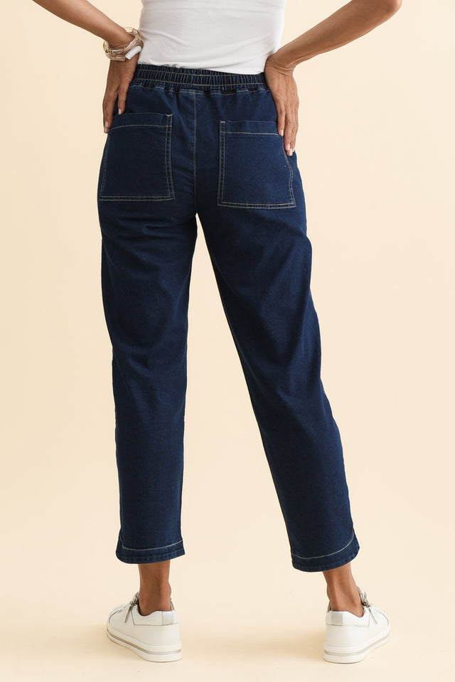 Orbe Indigo Denim Drawstring Jeans,Brunette model,alt text|model:Cara image 5