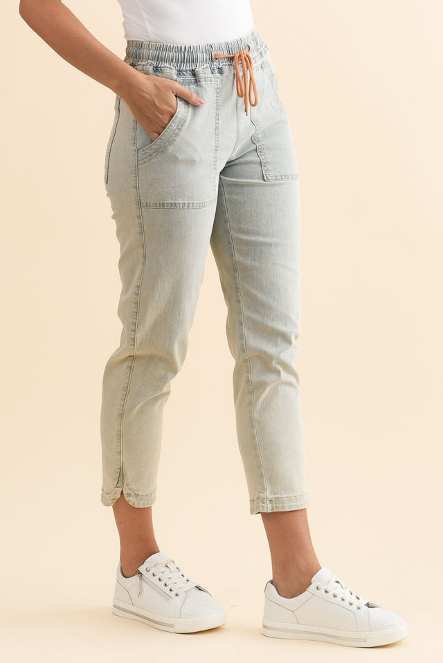 Orbe Light Blue Denim Drawstring Jeans,Brunette model,alt text|model:MJ image 5