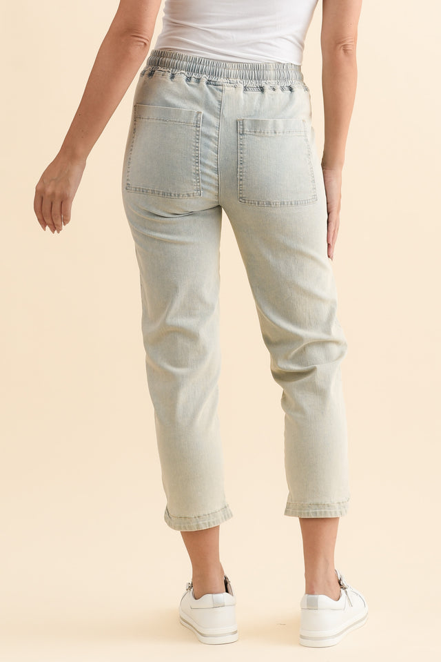 Orbe Light Blue Denim Drawstring Jeans,Brunette model,alt text|model:MJ image 6