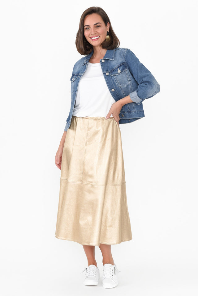 Oriel Gold Faux Leather Midi Skirt,Brunette model,alt text|model:MJ image 4