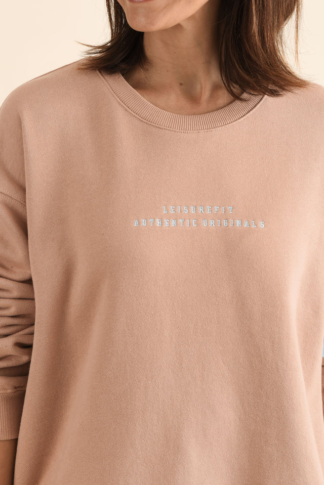 Origin Tan Cotton Crewneck Sweatshirt,Detail,Brunette model,alt text|model:Cara image 6
