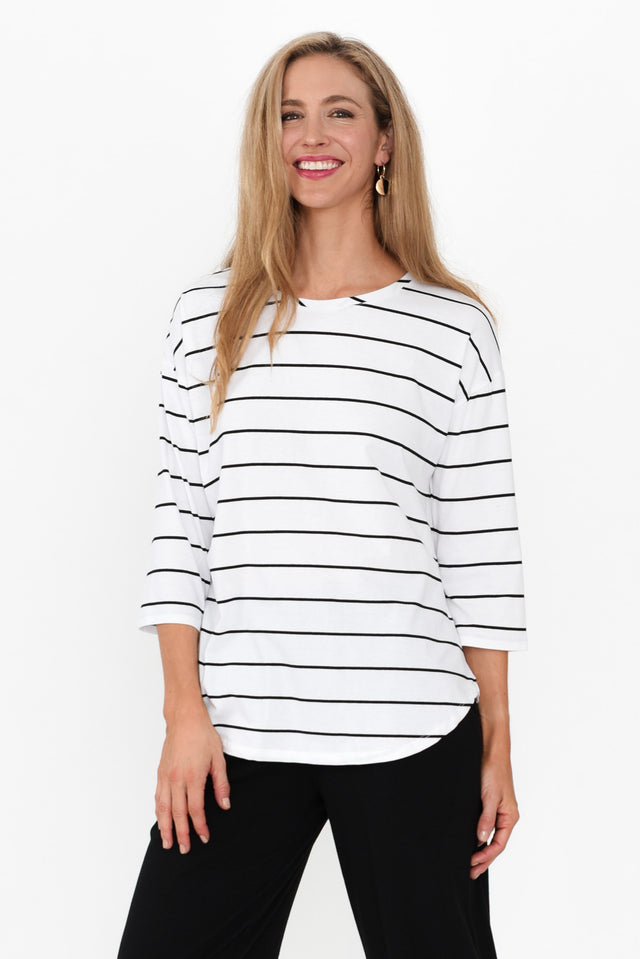 Orleans White Stripe Cotton 3/4 Sleeve Top