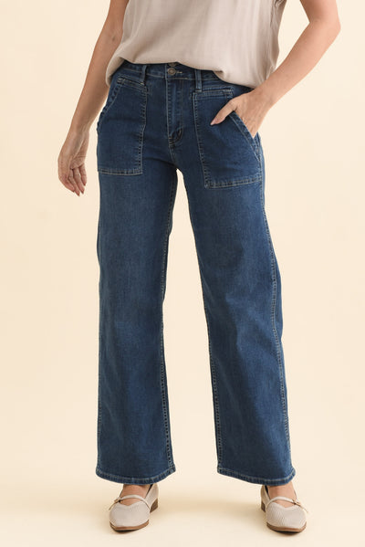Orwell Mid Blue Straight Leg Jeans,Brunette model,alt text|model:MJ