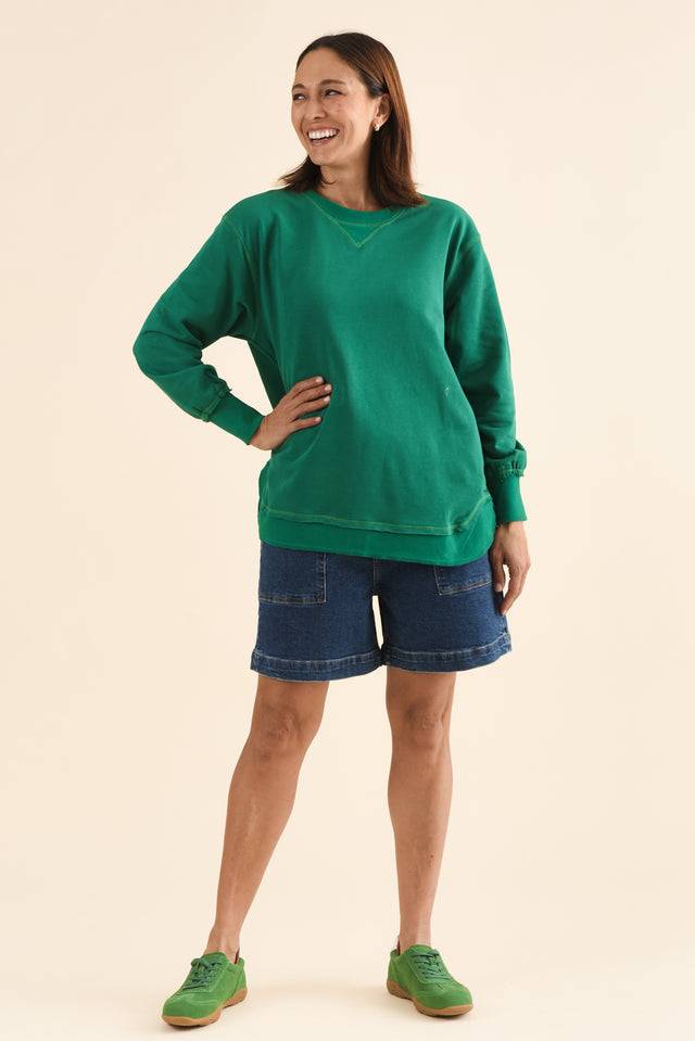 Osbourne Dark Green Cotton Sweatshirt,Full Body,Brunette model,alt text|model:Cara image 6