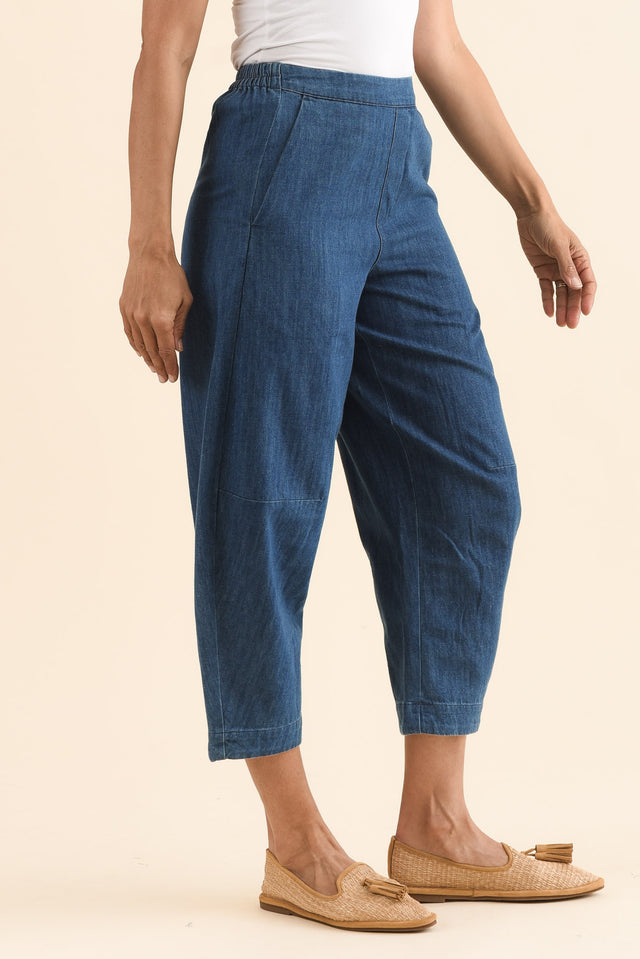 Ottie Blue Cotton Barrel Pants,Side,Brunette model,alt text|model:Cara image 3