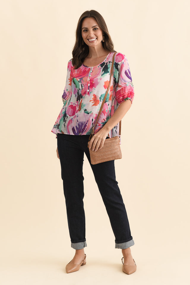 Paden Pink Floral Button Top,Brunette model,alt text|model:MJ image 3