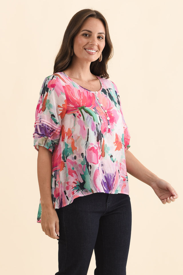 Paden Pink Floral Button Top,Brunette model,alt text|model:MJ image 4